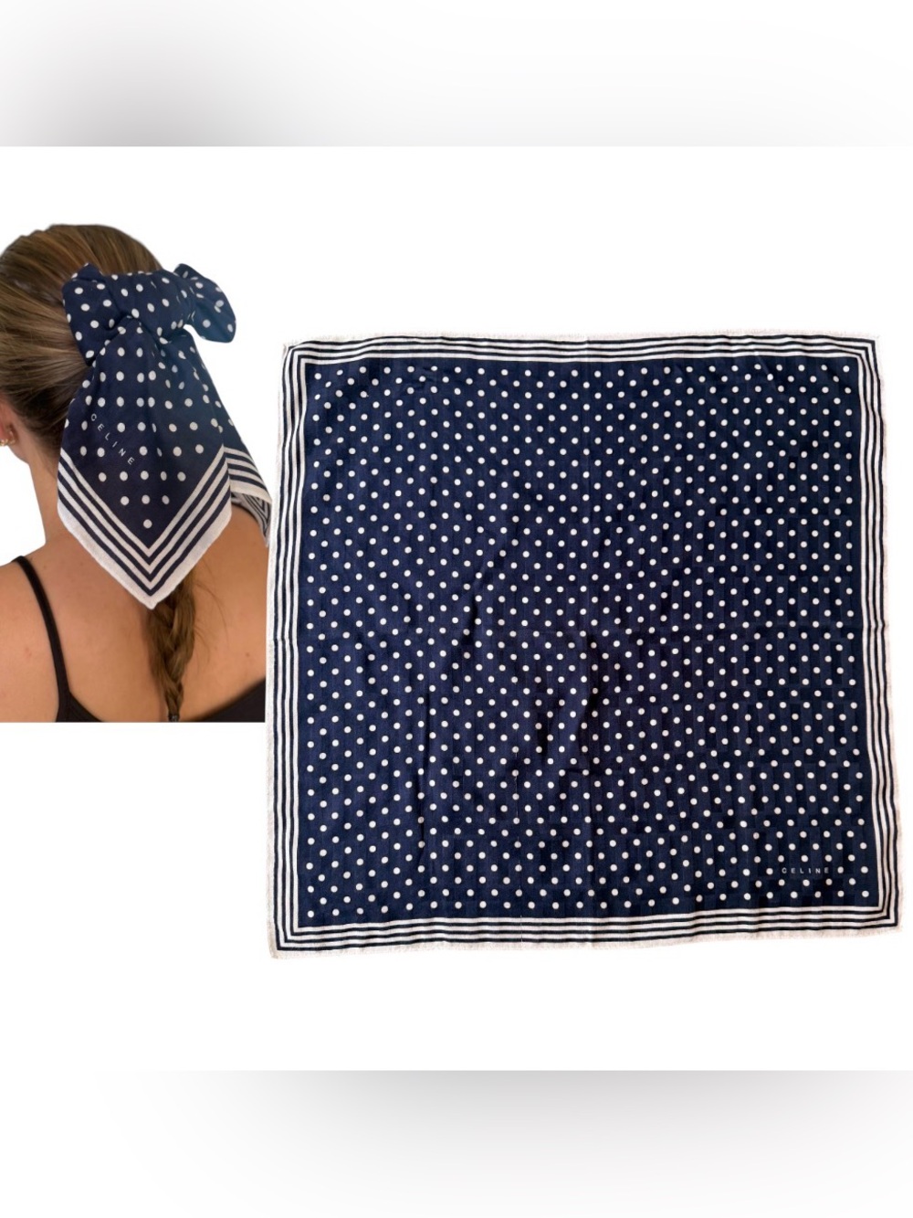 Celine Navy Polka Dot Square Scarf Hair Bow Bandana Neckerchief Bag Accessory